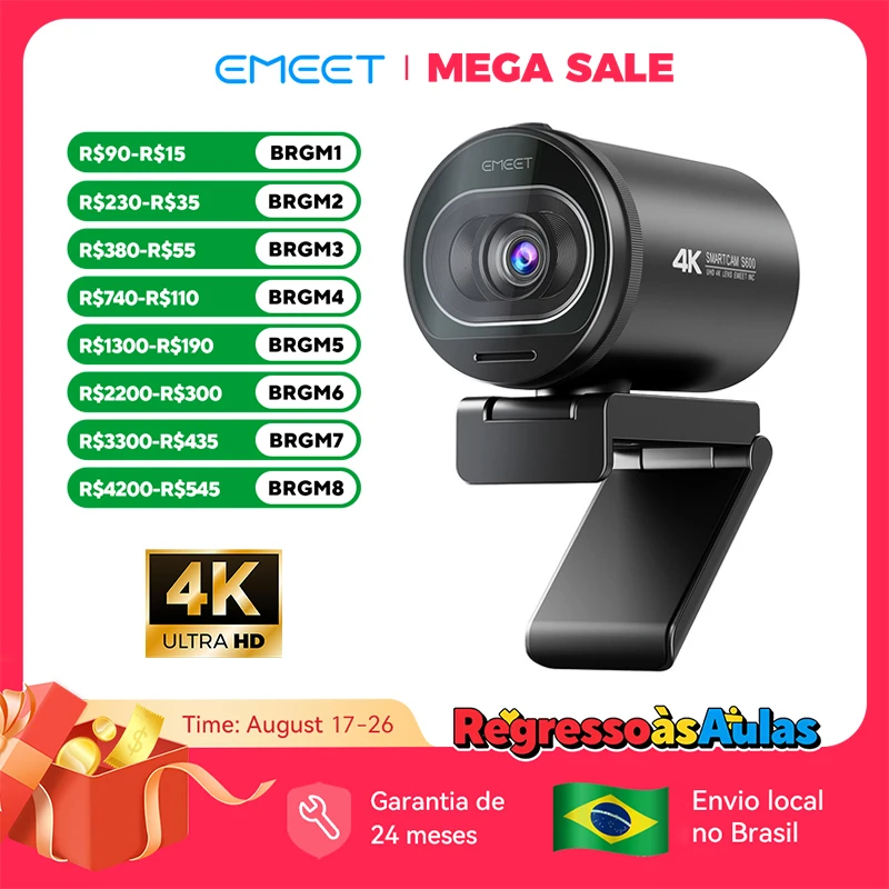 Webcam 4K 1080P 60FPS para Streaming EMEET S600 com Autofoco e Microfones para Tiktok/YouTube