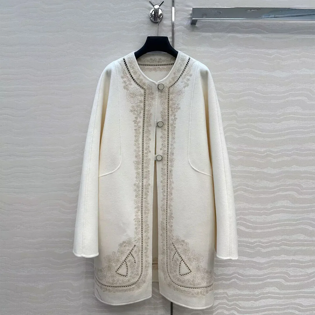新しい冬ウールカシミヤ両面ウールロングコート女性花刺繍 O ネック長袖シングルブレストヴィンテージジャケット