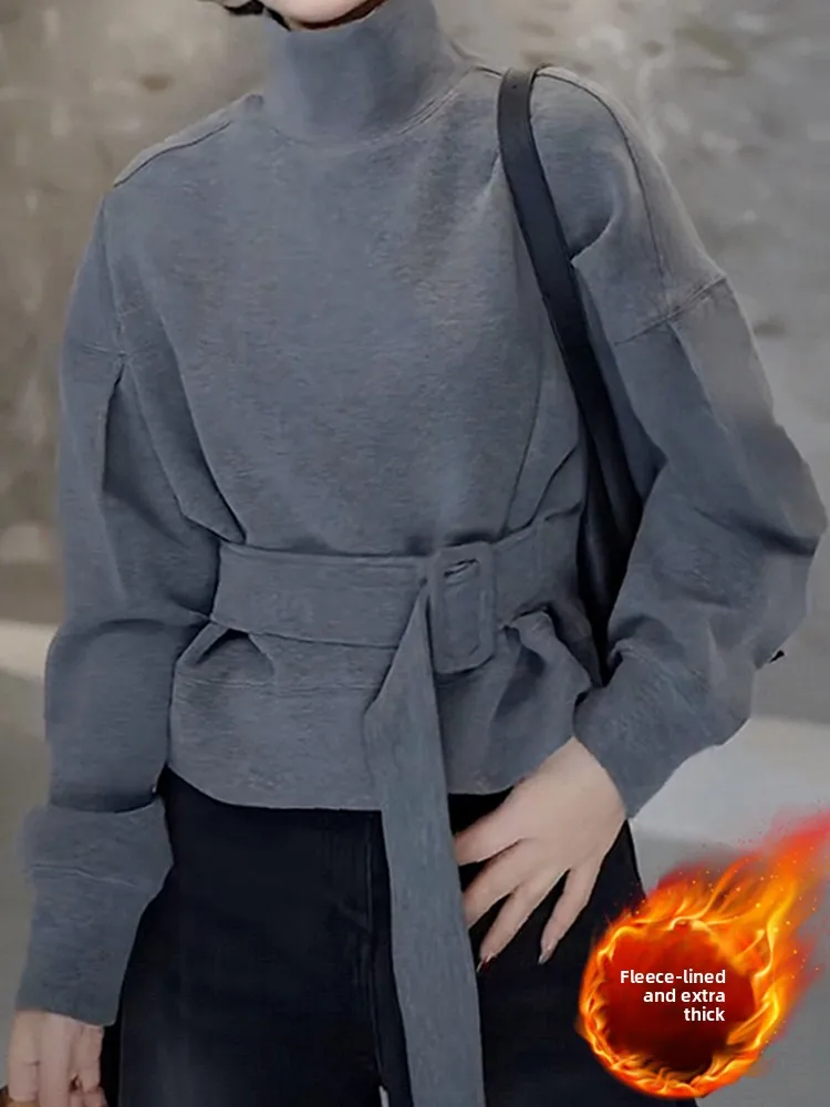 

Корейский свитер-толстовка однотонного дизайна с воротником-стойкой, универсальный, для женщин, зимний, новый, с поясом, приталенный, стройнящий фигуру