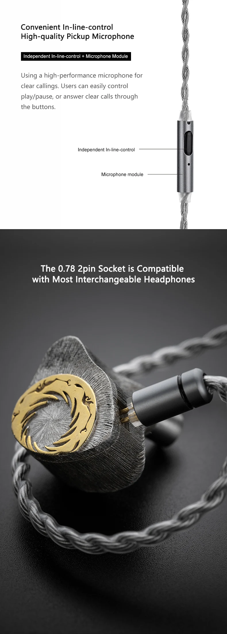 MOONDROP MC2 Mikrofon-Upgrade-Kabel 3,5 mm 0,78 mm 2-poliges sauerstofffreies Kupfer und Versilberung – Detail 4