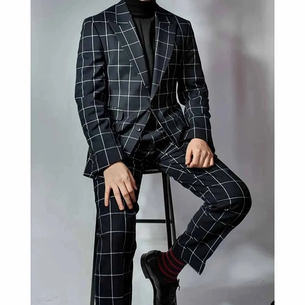 ตรวจสอบอย่างเป็นทางการชายชุดสําหรับงานแต่งงานลายสก๊อตเจ้าบ่าว Tuxedo Blazer กับกางเกง 2 ชิ้น Peak Lapel SINGLE Breasted SLIM FIT พรหมชุด