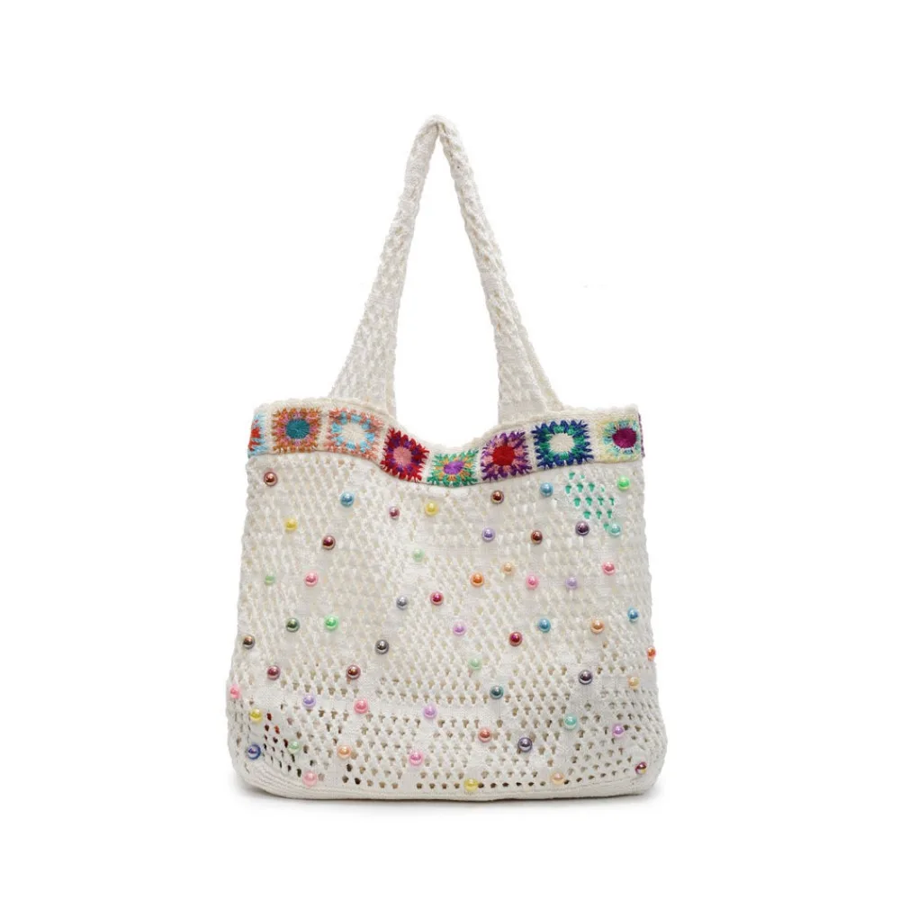 

Korean Style Knitting Shoulder Bag Contrast Color Large Capacity Crochet Tote Bag Solid Color Hollow Out Casual Woven Handbag