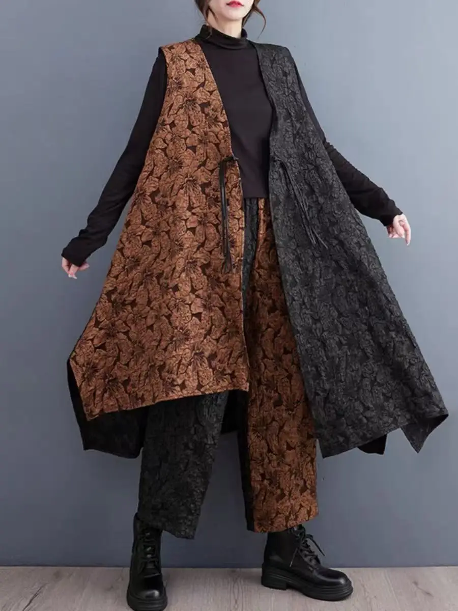 

2025 Spring New Vintage Elegant Set Women Casual Loose Patchwork Vest Female Straight Leg Pants Two-piece Set J691