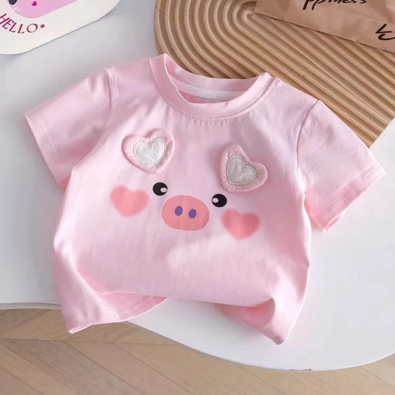 2025 Girls' Summer New 100% Cotton Three Dimensional Love Pig Pattern Breathable Thin Short Sleeve Top