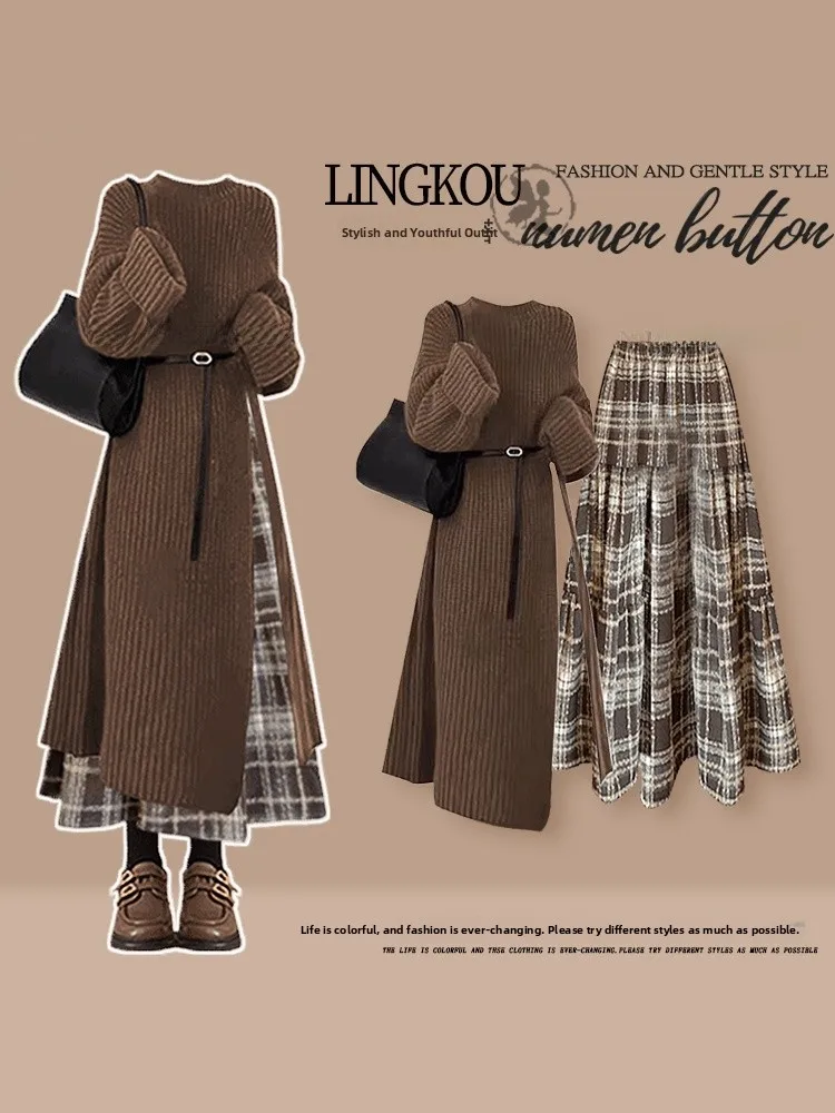 

Large Size Autumn Mermaid Knitted Sweater Midi Skirt Set Women's Style Plaid High Waist Dress Casual Fashion Ensemble