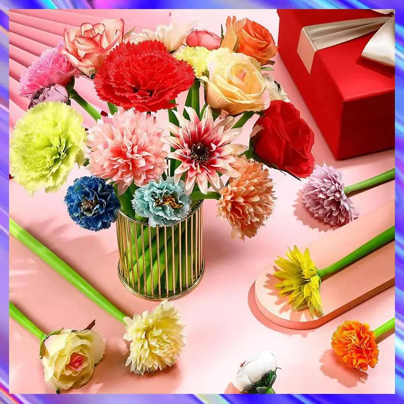 

48 Pcs Flower Pens Various Colors Daisy Rose Carnation Ballpoint Pen Novelty Artificial Rose Pen 0.5Mm Black Ink Pen