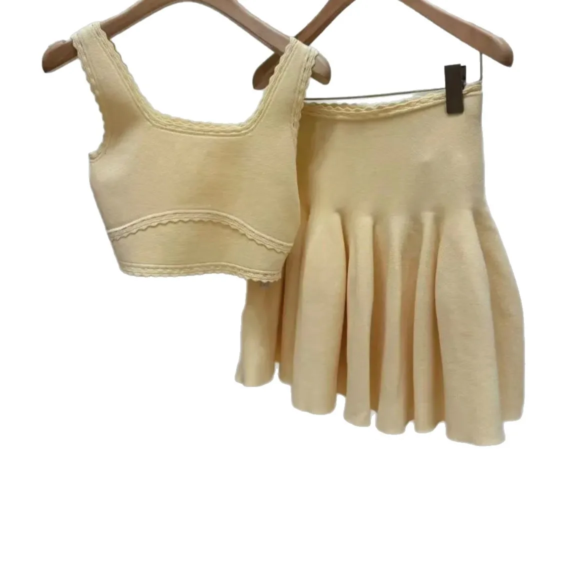 

Summer 2026 Female Solid Color Set Lace collar Sleeveless Straps Top + A-Line High Waisted Mini Skirt Fashion Elegant Suit