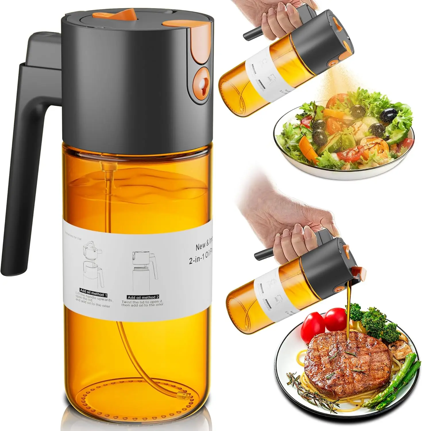 Rociador de Aceite de Cocina 2 en 1 Mejorado, Dispensador de Vidrio de 17 oz para Cocina, Ensaladas y Freidoras de Aire
