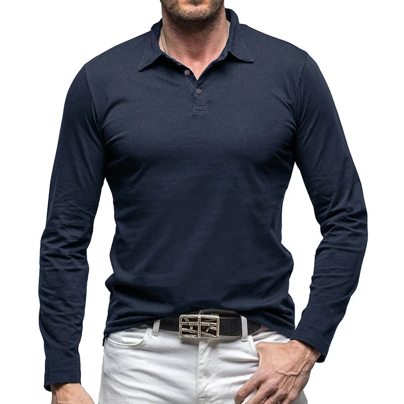 

New Autumn Winter Lapel European American Men's T-shirt Solid Color Mens Pure Cotton Long Sleeve Polo Shirt