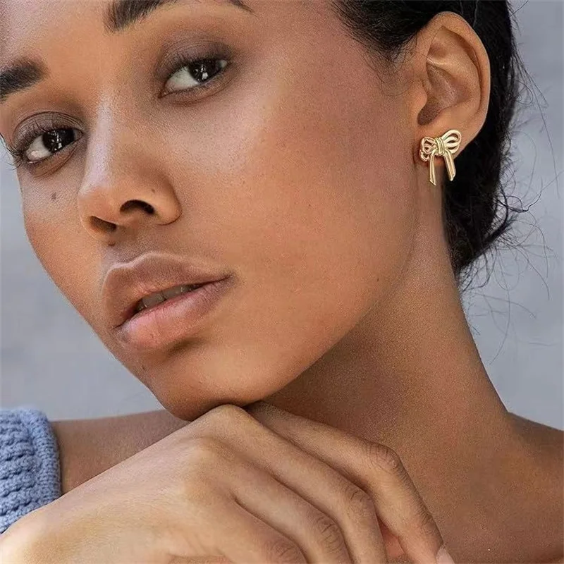 Vintage Double Bowknots Stud Earrings for Women Classic Gold Color Twisted Bow Earring Piercing 2024 Trendy Cute Jewelry Gifts