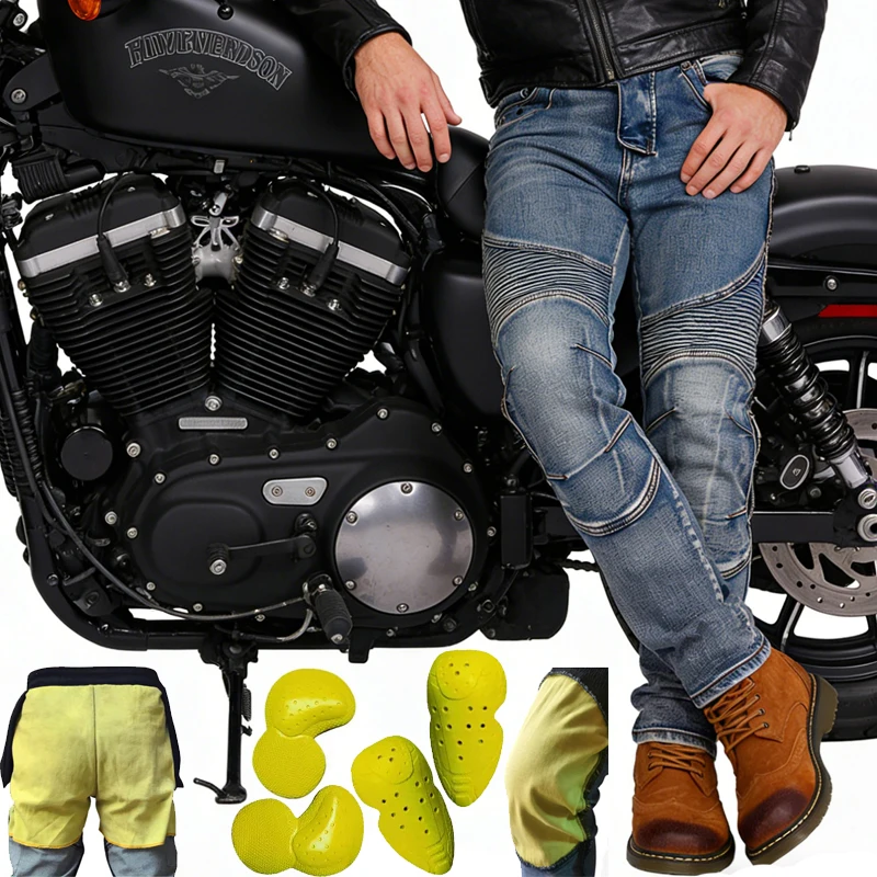

Men Kevlar Motorcycle Jeans Windproof Abrasion Resistant Protective Pants Blue Off Road Riding Trousers Four Season Gear
