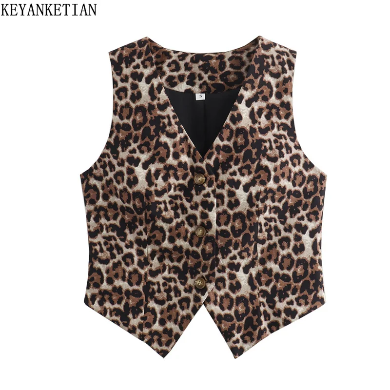 

KEYANKETIAN 2024 New Women's Leopard Print Short Vest Retro style Summer Buttons V-Neck Slim Thin Waistcoat Crop Top Camisole