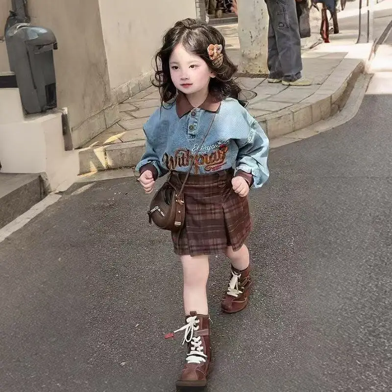 Girl's Retro Cowboy Two Piece Set 2026 Spring New Girl Cowboy Top Checkered Short Skirt Sweet Set