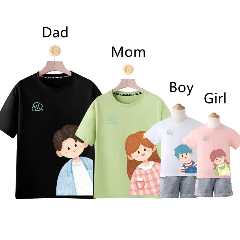 Family Matching Outfits Cotton T-shirt Kids Mother Daughter Clothes Cute Cartoon Tops Parent-child Outfits Summer Casual Tees