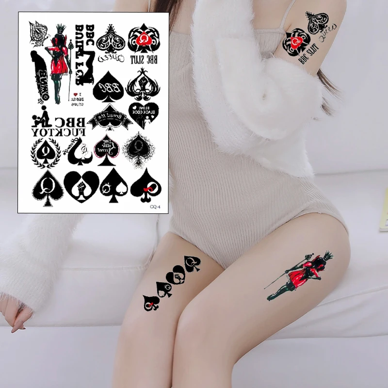 Sexy Female Spade Q Pattern Realistic Tattoo BBC Temporary Sticker Waterproof Sweatproof Chest and Leg Tattoo Spade Queen
