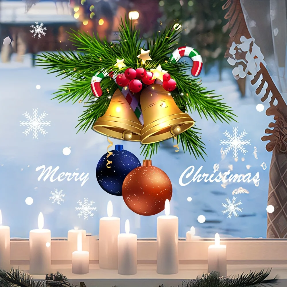 Christmas Window Decoration Pine Branches Red Berries and Golden Bells Stickers  for Bedroom and Living Room Glass Decoration