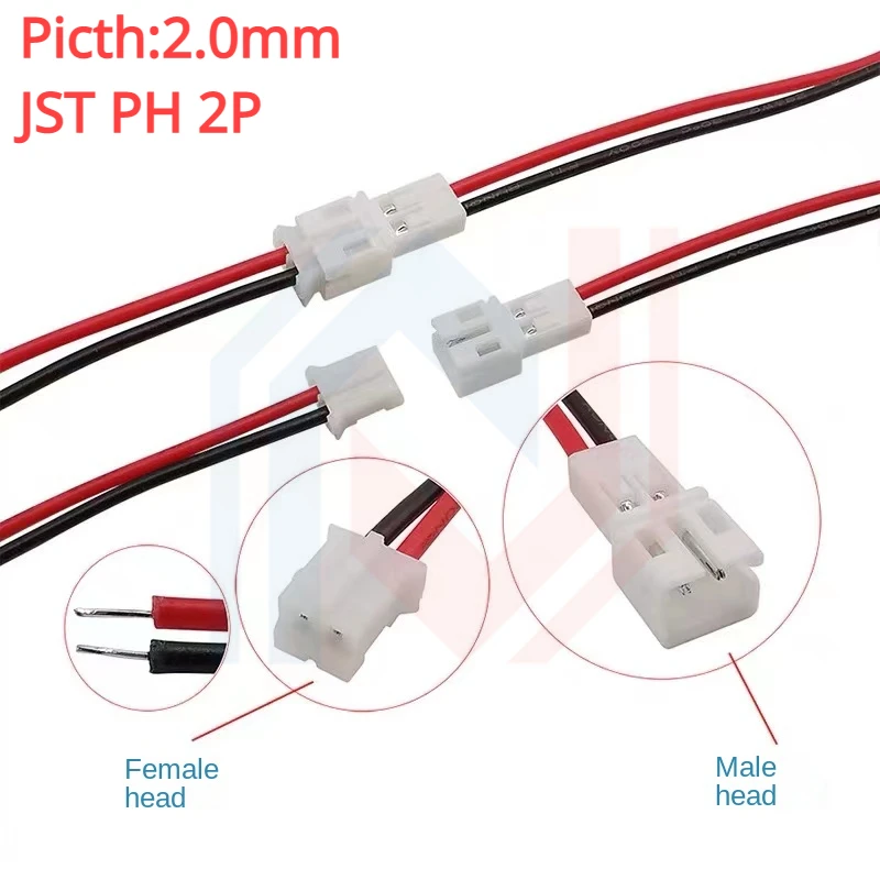 PH 2.0mm Skok 2-pinowe męskie żeńskie złącze kablowe Micro PH 2P Wtyczka Jack Gniazdo Zaciski Przewody Kable Złącza 26AWG