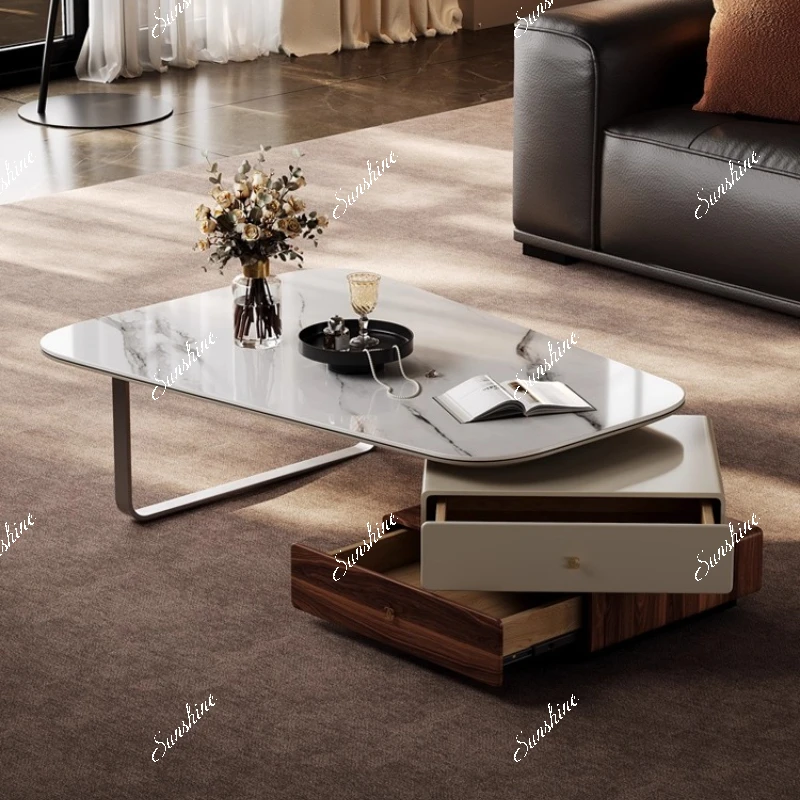 Rectangular coffee table modern simple small apartment marble stainless steel double drawer combination