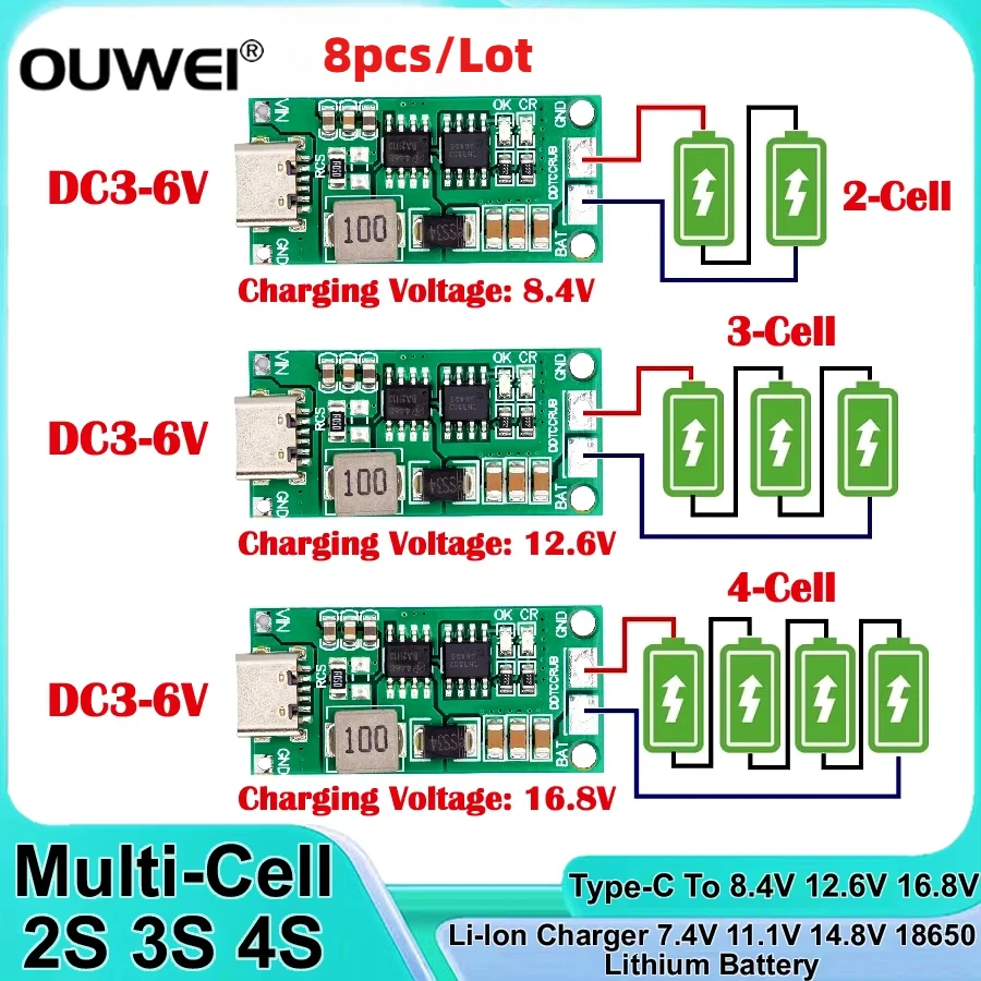 8PCS Multi-Cell 2S 3S 4S Type-C To 8.4V 12.6V 16.8V Step-Up Boost Polymer Li-Ion Charger 7.4V 11.1V 14.8V 18650 Lithium Battery