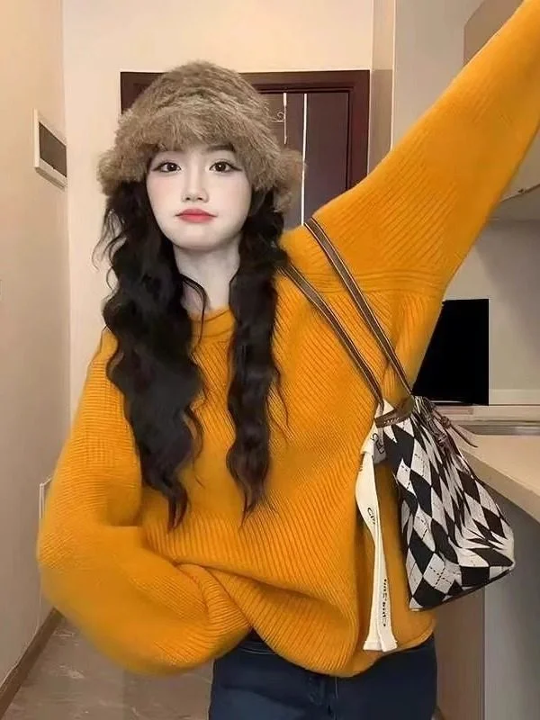 

Loose Women's Knitted Pullover Sweater Orange round Ne Casual Sle Polyester Fiber Long Sve Thiened Autumn Winter Spr...