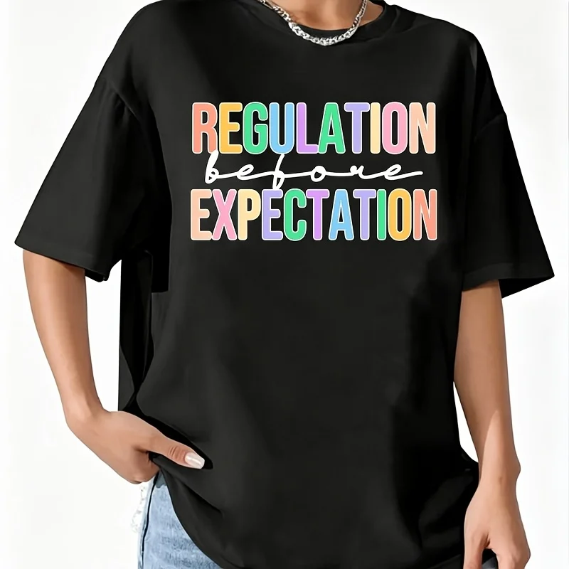 Regulation before Expectation Women's 100% Cotton T-Shirt Fun Print Short Sleeve Top Casual Round Neck Tee S-5Xl
