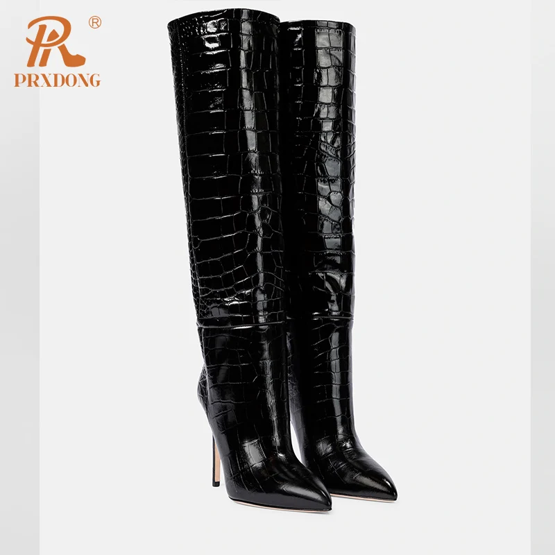 PRXDONG INS New Sexy High thin Heels Pointed Toe Autumn Winter Warm Knee High Boots Black Brown Dress Party Female Long Boots 39