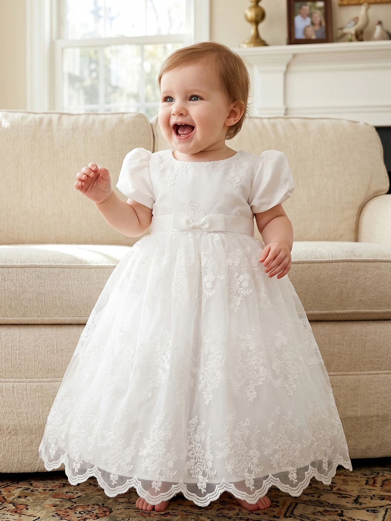 Baby Girl Baptism Gown Puff Short Sleeve Lace Tulle Christening Dress Infant Baby Formal Gown White Baptism Outfit