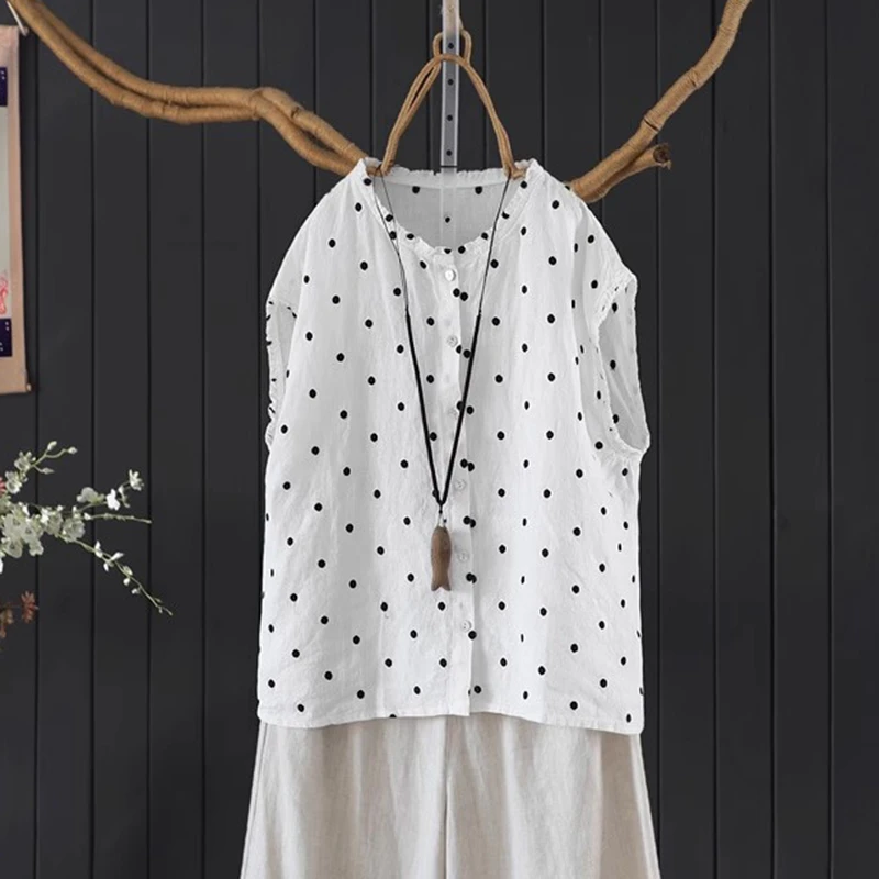 المرأة عادية قميص كتان جديد وصول 2025 الصيف خمر نمط س الرقبة البولكا نقطة فضفاضة الإناث بلا أكمام بلايز قمصان M1712 #4