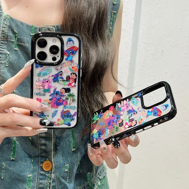 Funda de teléfono transparente pintada con dibujos de Disney Stitch para iPhone 16 15 14 13 12 11 Pro Max, funda dura a prueba de golpes