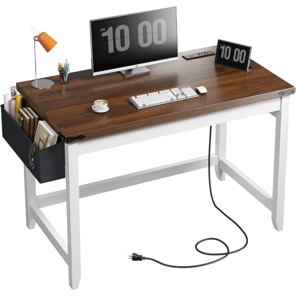 

Wood Small Desk with Storage Bag, Farmhouse Computer Desk with Power Outlet, Home Office Desks, Study Desks for Bedroom, 40.1",