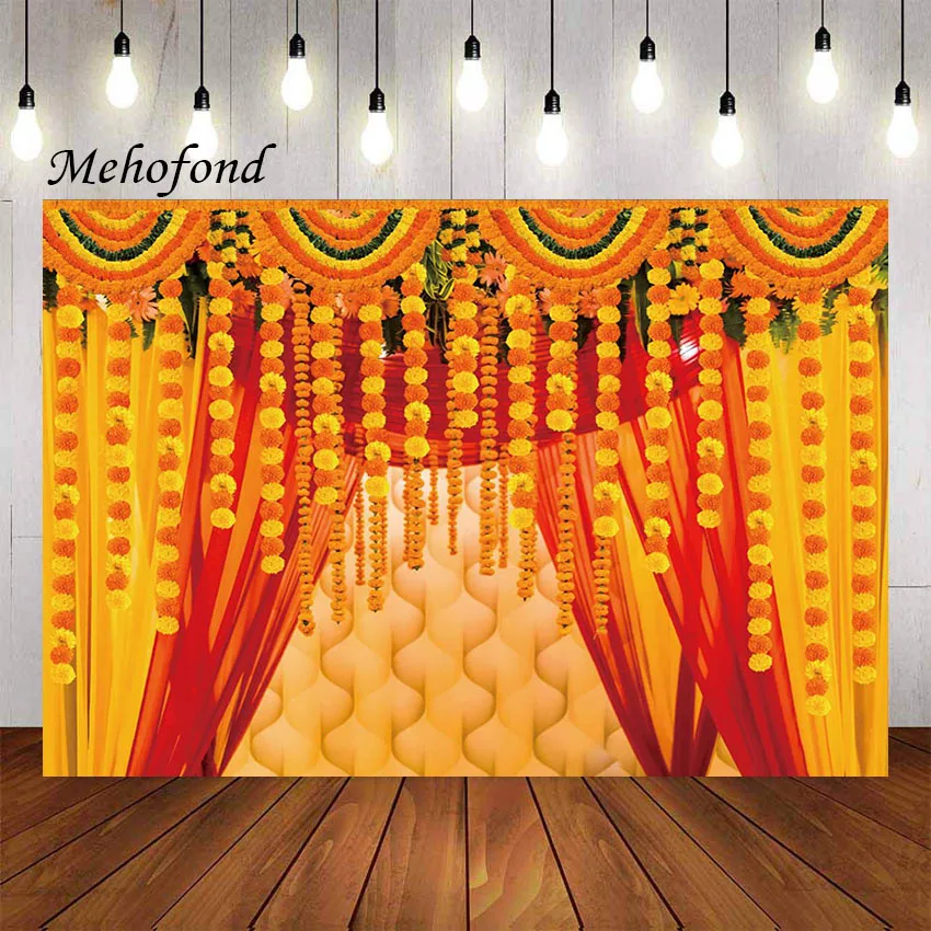 Mehofond Photography Background Hindu Indian Wedding Flower Yellow Curtain Anniversary Bridal Shower Decor Backdrop Photo Studio