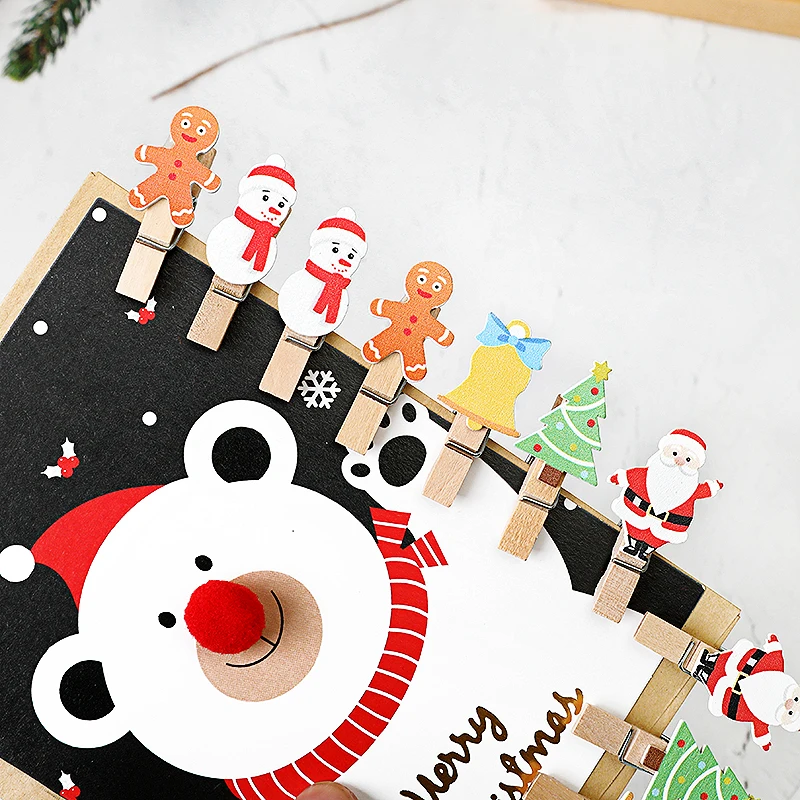 10Pcs Christmas Wooden Clips Santa Claus Gloves Photo Frame Paper Peg Pin Clothespin Craft Clips Xmas New Year Navidad DIY Decor