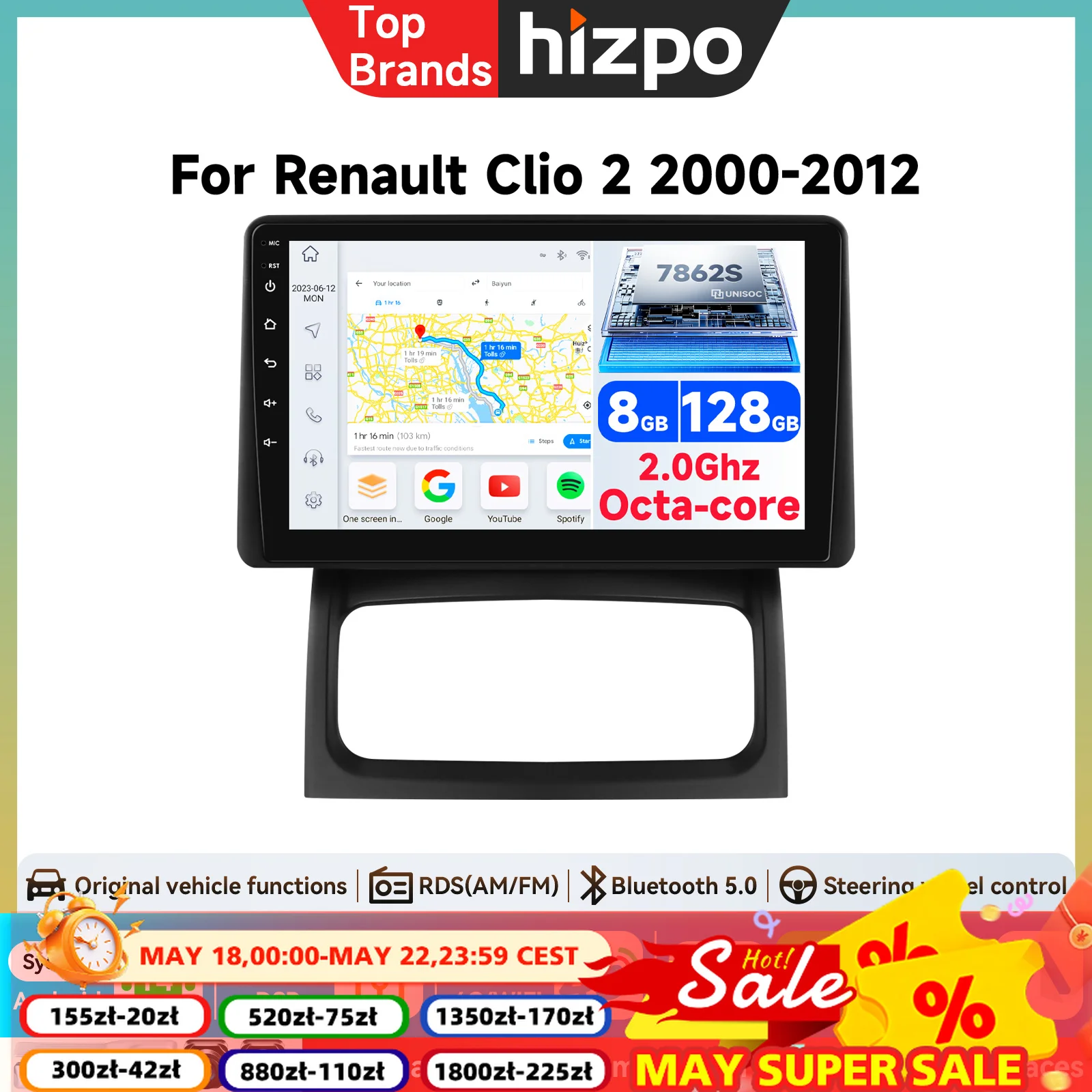 Hizpo 7862 CarPlay para Renault Clio 2 BB CB 2001-2012, Navegación GPS, Radio para Auto, Reproductor Multimedia de Video y Audio, BT, DSP, Estéreo, WiFi