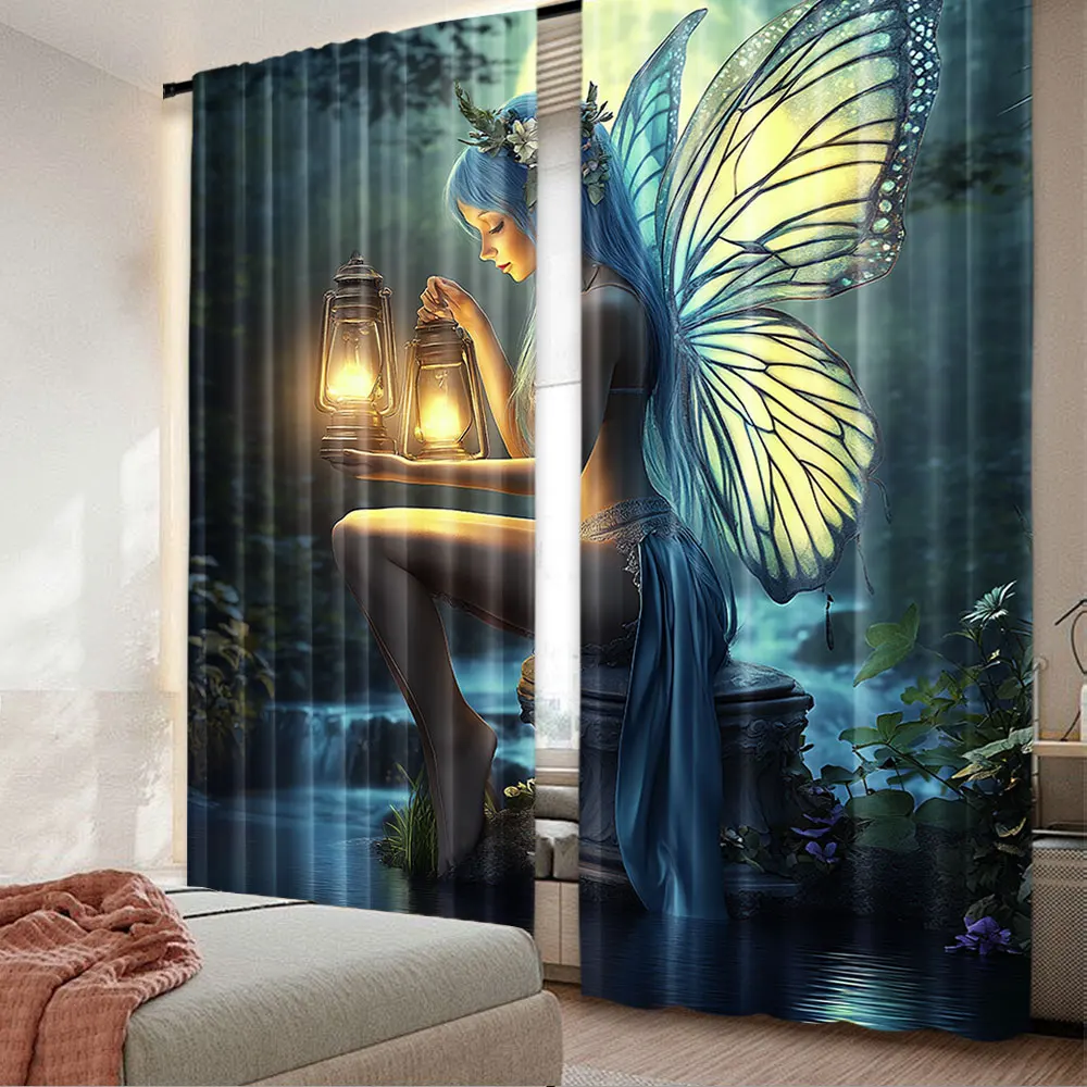 2Pcs Fantasy Curtain Little Pixie Elf Forest Woodland Sitting Stone Myth For Bedroom Living Room And Dining Room 29.53X65.35In,