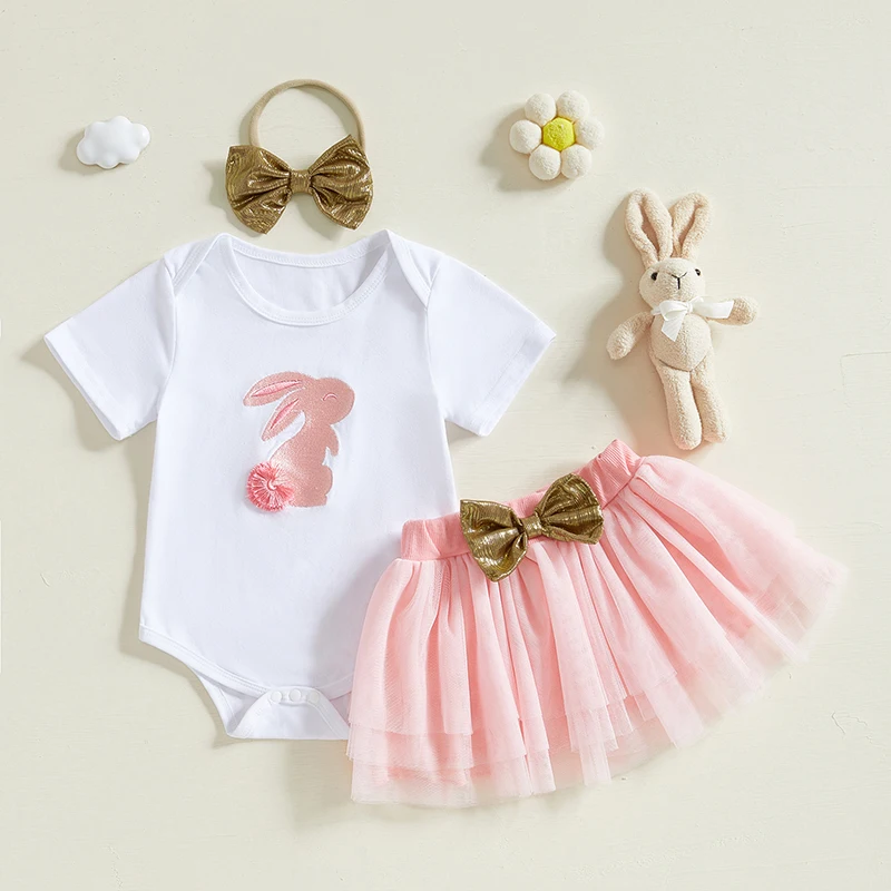 Baby Girl Easter Outfits Rabbit/Carrot Embroidery Crew Neck Short Sleeve Romper Bow Skirts Headband 3Pcs Clothes Set