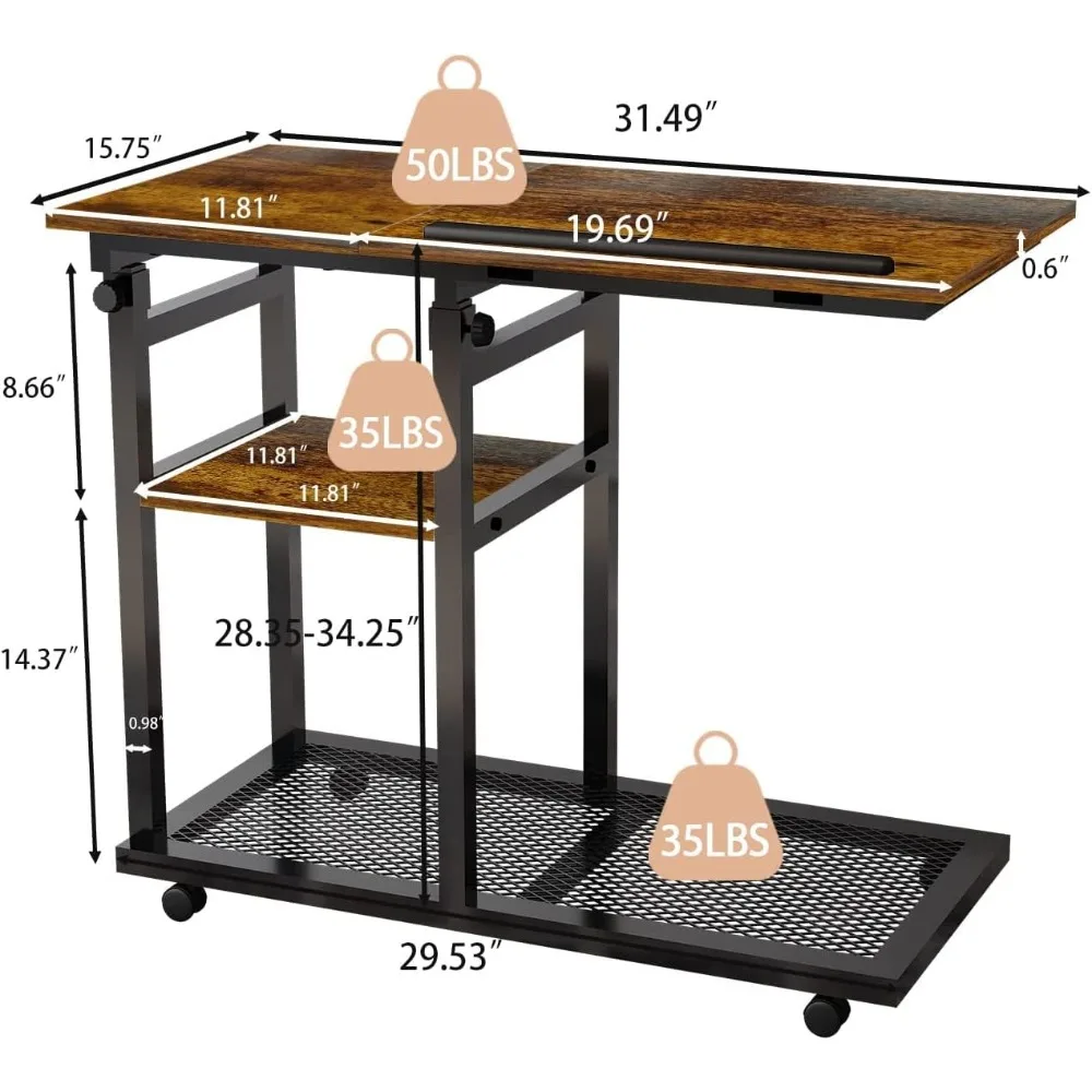 Adjustable C Table with Wheels, Rolling Side Table with Tiltable Board Mobile Couch Snack Table., Walnut