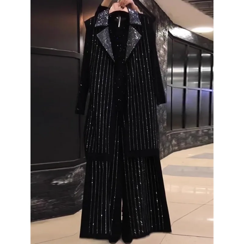 SuperAen Oversize Women Spring Autumn New Blazer Wide Leg Pants Heavy Industry Bright Diamond Three-piece Set for Women