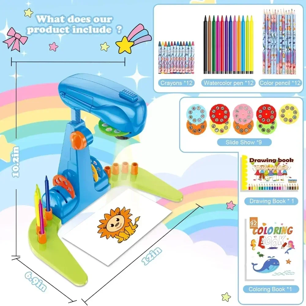 Kit d'art et d'artisanat Projecteur de dessin pour enfants, comprenant des crayons de couleur, des crayons, des livres de coloriage, un kit de dessin cadeau pour garçons et filles