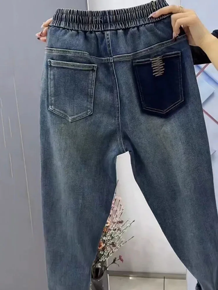 2023 NEW Spring Autumn High Waist Straight Jeans Large Size Loose Fit Stretch Haren Denim Pants Ladies Ankle-Length Jeans Pants