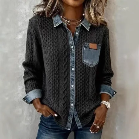 

Fashionable Denim Style Knitted Splice Women's Shirt Casual Loose Fit Long Sleeve Polyester Fabric Versatile Stylish Top