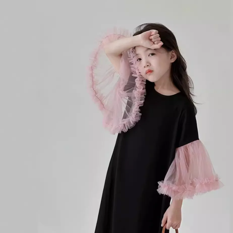 

Summer Children Girl Dress Teenager Girl Lace Gauze Sleeve One-piece Dress School Girl Straight Dress Kids Solid Cotton Dress