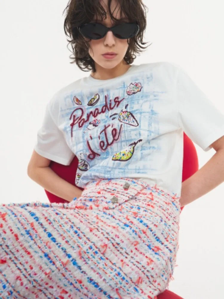 

Новая летняя футболка в корейском стиле: повседневная, удобная, дышащая, вязаная, с круглым вырезом, коротким рукавом, из хлопка, с принтом в виде букв и еды