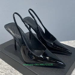 Patent Leather Square Shallow Women Pumps Slip On Back Strap Slingback Thin High Heels Pointed Toe Sexy Fashion Sandasl Pumps