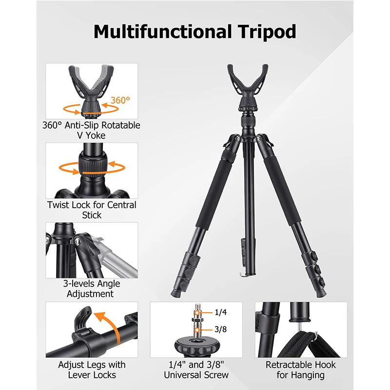 

Tripod Rest Stick with 360° Swivel V Yoke Height Adjustable 26.5"- 64.5" Aluminum Hunting Functional Rests for Outdoor Activitie