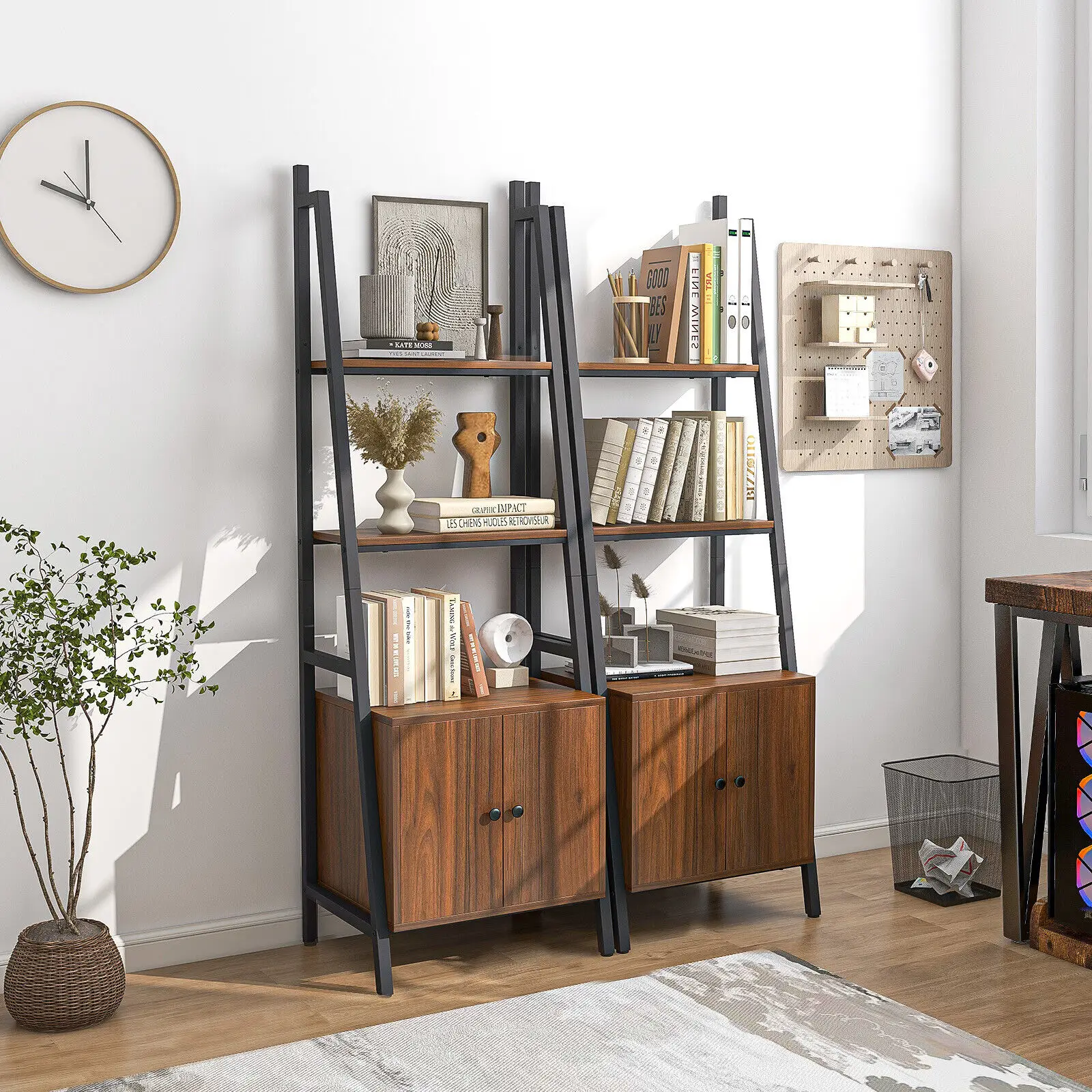 

2 PCS Ladder Shelf Industrial Bookcase w/Cabinet Metal Frame for Living Room