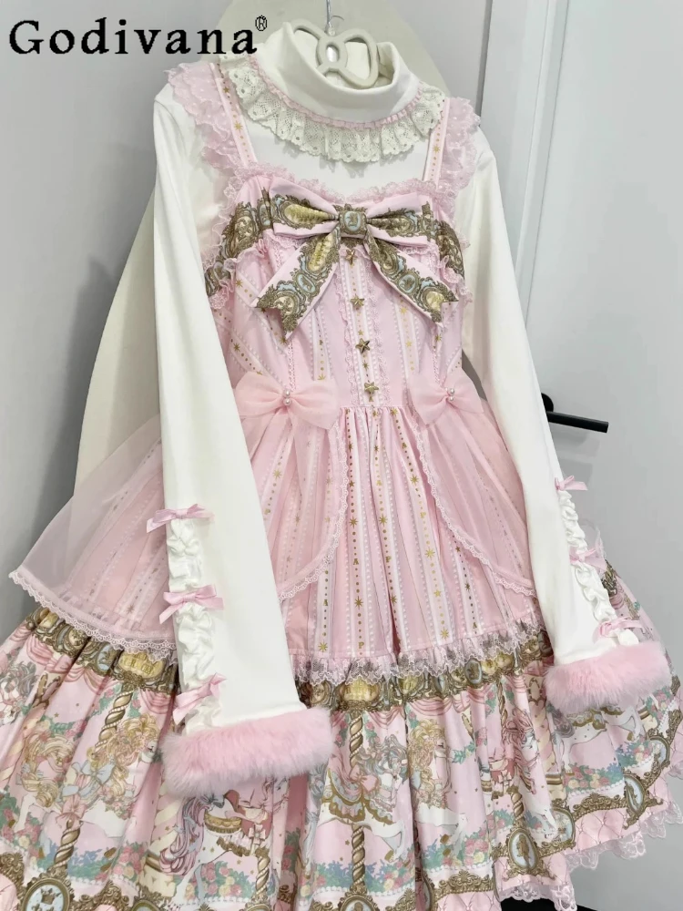 

Autumn Winter Sweet Turtleneck Lolita Long Sleeve Bottoming Shirt Girl Halloween Versatile Age Reduction Fashion Solid Color Top