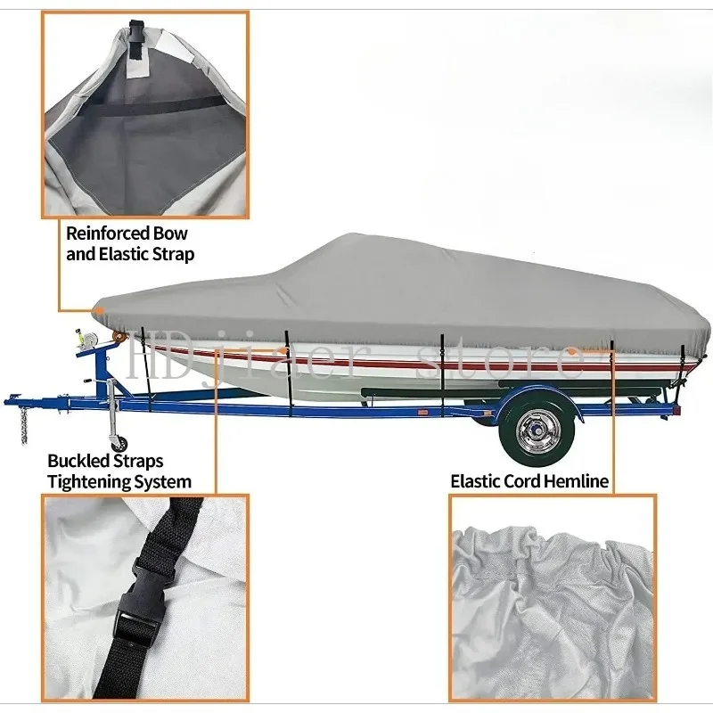 

600D 10-24FT V-Trailer Boat Cover Outdoor Oxford Cloth Rainproof Anti-UV Dust Cover Marine Trailerable Canvas Boat Accessories