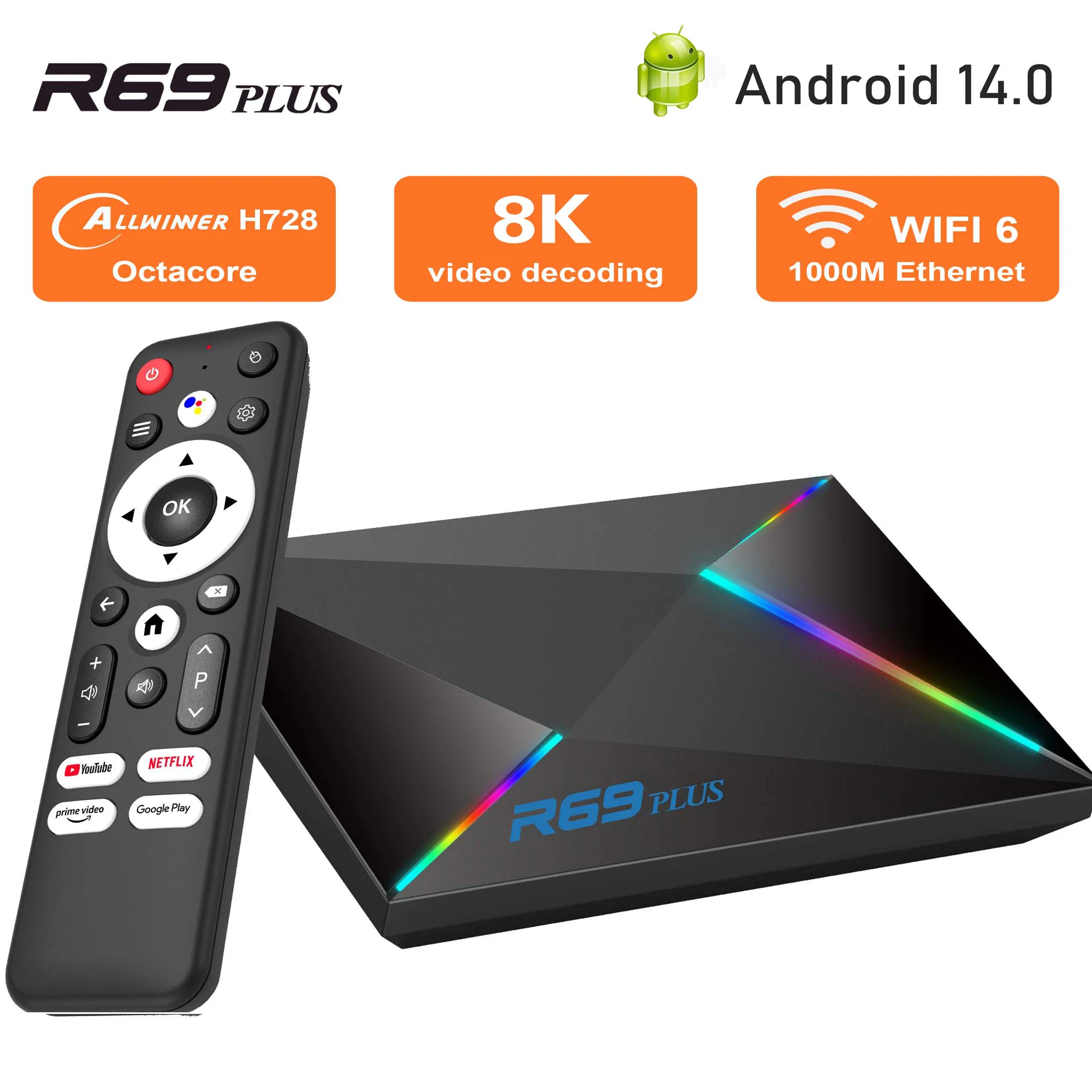 Wifi6 R69Plus Global Version Android14 TV box  Allwinner H728 chip octa-core Wifi6 1000M Lan Bluetooth5 8K decoding Chromecast