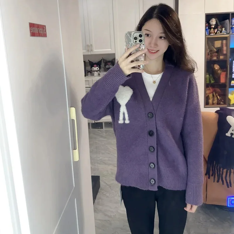 محبوك الصوفية المفتوحة سترة الخامس الرقبة فضفاضة تناسب نمط غير رسمي مريح الخريف الشتاء جديد وصول الحب نمط سترة معطف Fo... #2