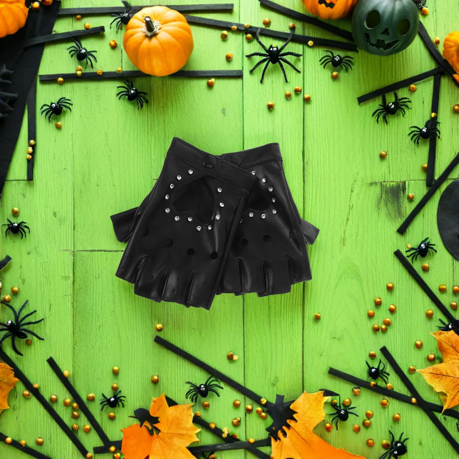 ถุงมือเด็กแบบพังก์ 2 คู่ แบบไม่มีนิ้ว ลายหัวใจ ประดับกลิตเตอร์ ทำจากหนัง PU สำหรับแต่งกาย เต้นรำ ฮาโลวีน ถุงมือเด็กแบบพังก์